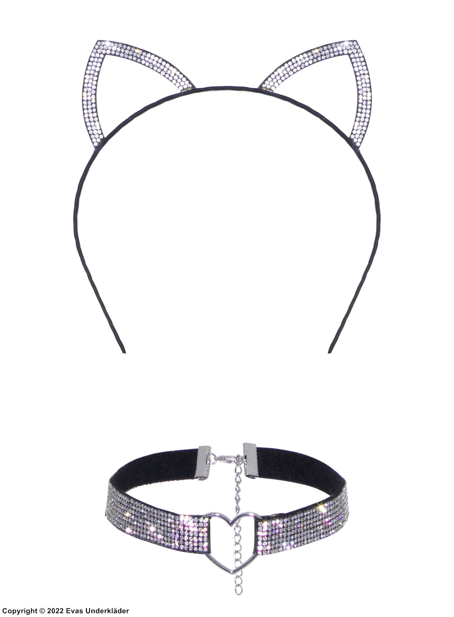 Katt (kvinne), kostyme-diadem, strass, choker, ører